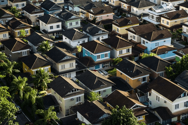 arial view looking down on house neighborhood